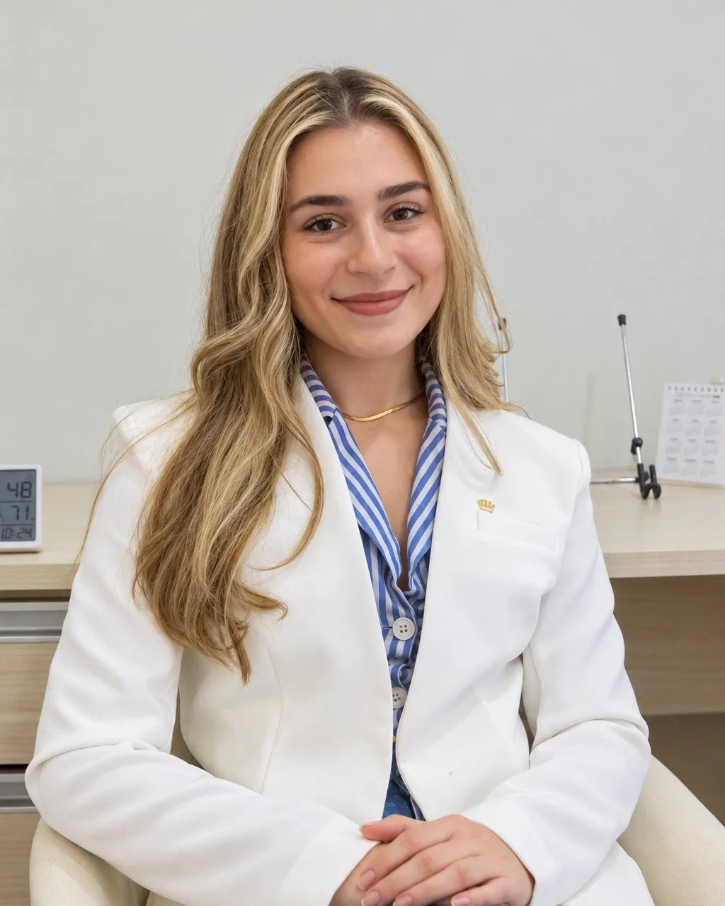 Aline Pera, fisioterapeuta, sorrindo, de blazer branco e camisa listrada azul